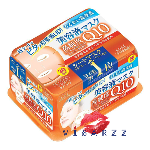 Kose Cosmeport Clear Turn Essence Mask (Coenzyme Q10) 30 แผ่น กล่องสีส้ม ช่วยลดเลือนริ้วรอยแห่งวัย ให้ผิวกระชับ เนียนเด้งอีกครั้ง