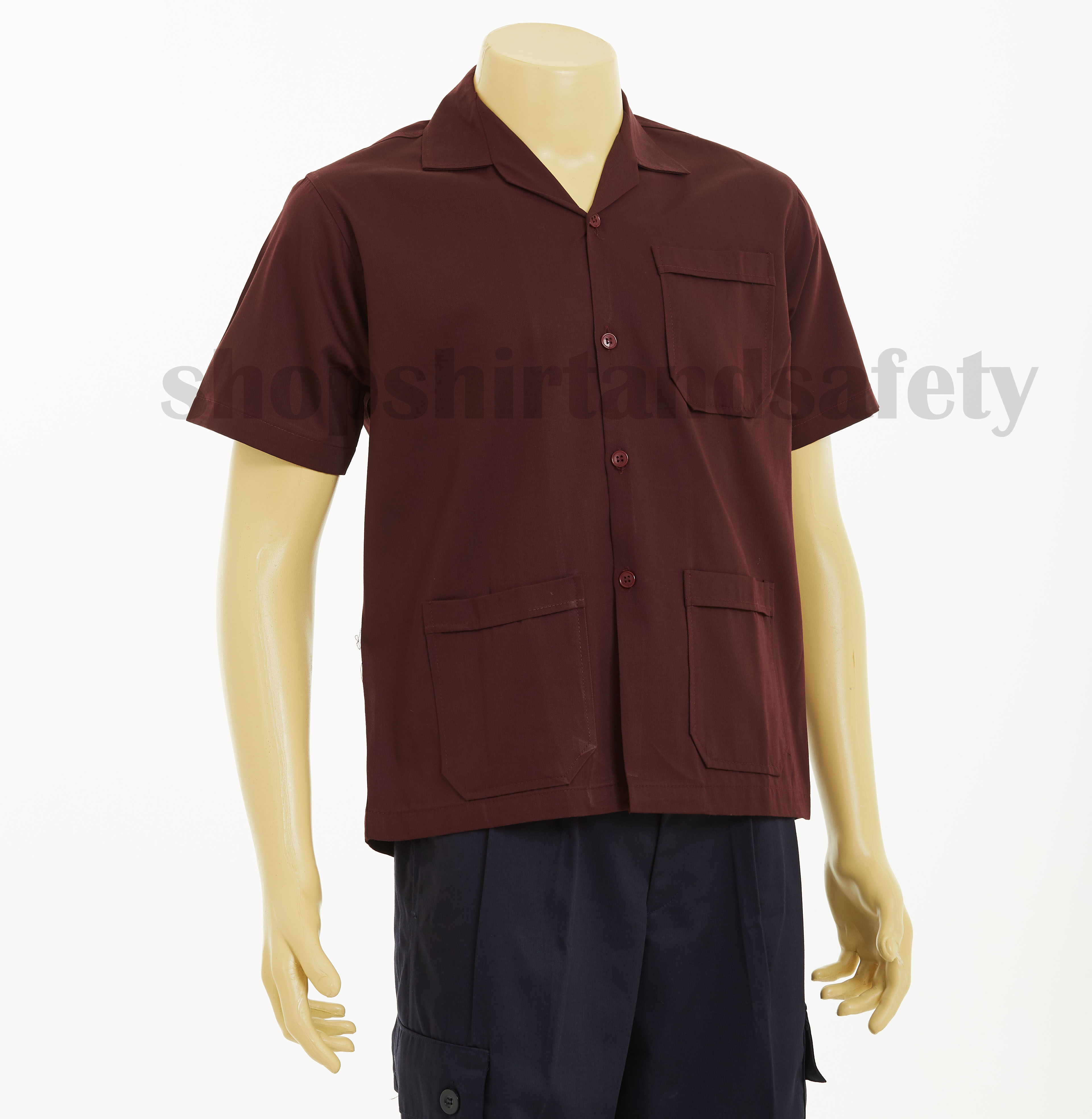 เสื้อช็อปแขนสั้นแบบสามกระเป๋าสีเลือดหมูล้วน