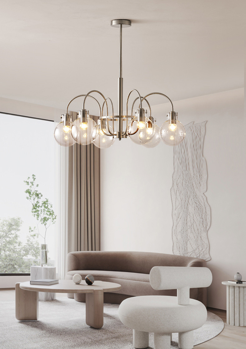 โคมไฟระย้าโทนสีเงินด้านปั่นเงาโป๊ะโคมแก้วกลมใส [DSJ332]