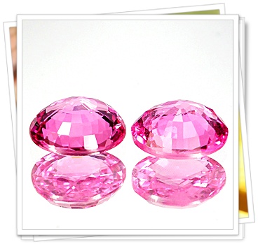 พลอย Pink Sapphire รูปกลมคู่เหมือน ขนาดใหญ่ 8 มิล เม็ดละ 2 กะรัตกว่า สีชมพูหวานสวย สีเบอร์ 2-3 เนื้อสะอาดไม่มีตำหนิ
