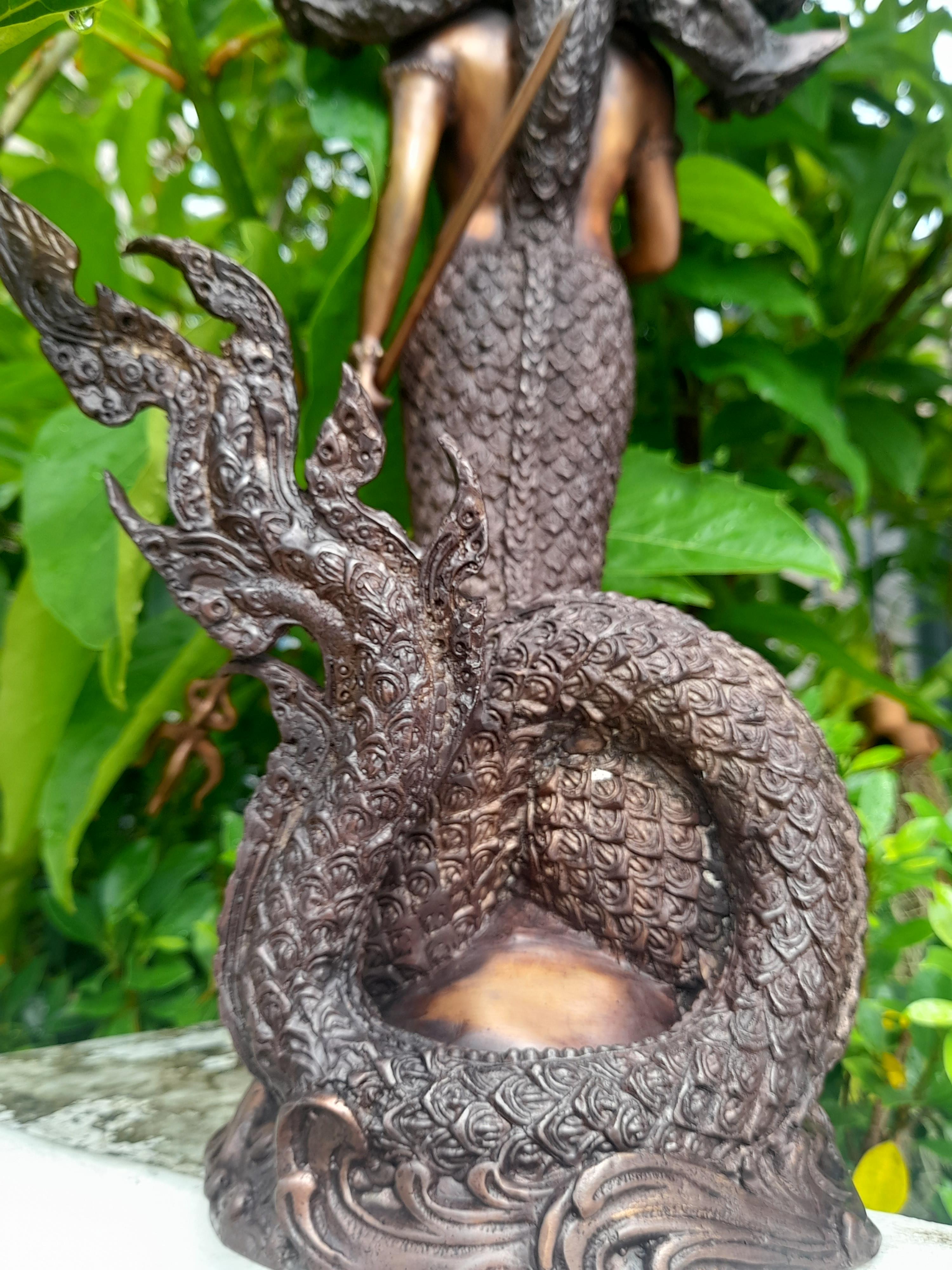 รูปหล่อ พญานาคราช ปาง ประทานพร มนุษย์ ครึ่งพญานาค นาคปรก 9หัว เศียร เนื้อทองเหลือง สีสัมฤทธิ์ (สูง22นิ้ว) (งานพรีออเดอร์สั่งทำ 2เดือน)