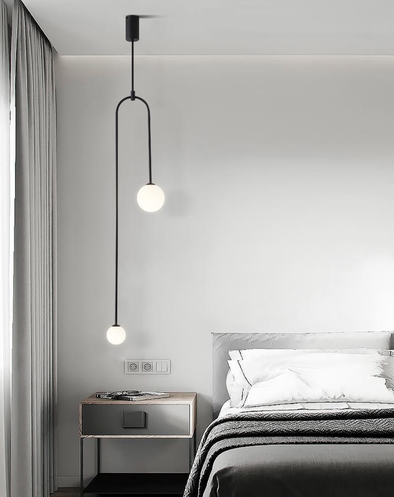 โคมไฟแขวนเพดานเส้นทรงโค้งตัว U คว่ำโป๊ะแก้วสีขาวด้านทรงกลมไฟ 2 ดวง สไตล์โมเดิร์นมินิมอล [UAG-120]