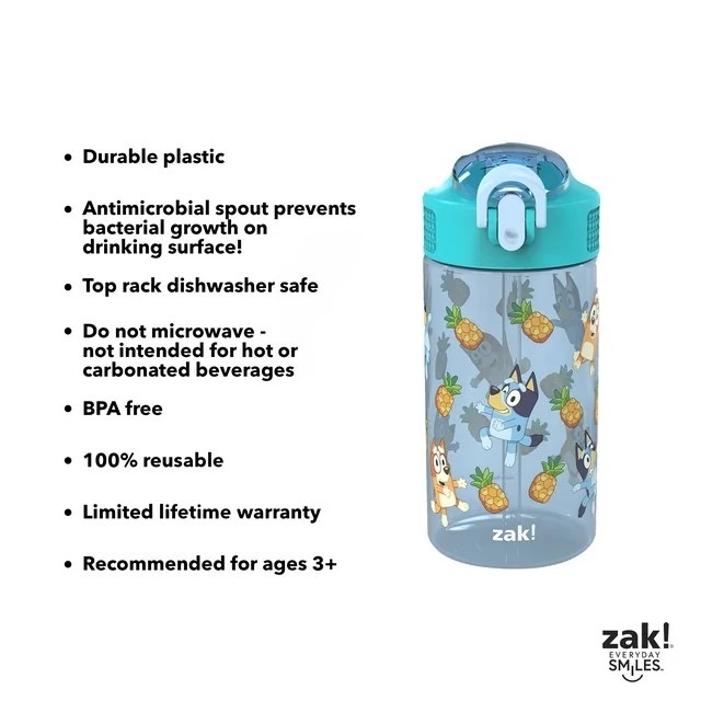 กระติกน้ำพร้อมหลอดดื่มสำหรับเด็ก Zak! Bluey 16 Oz. Reusable Water Bottle with Straw (Blue)
