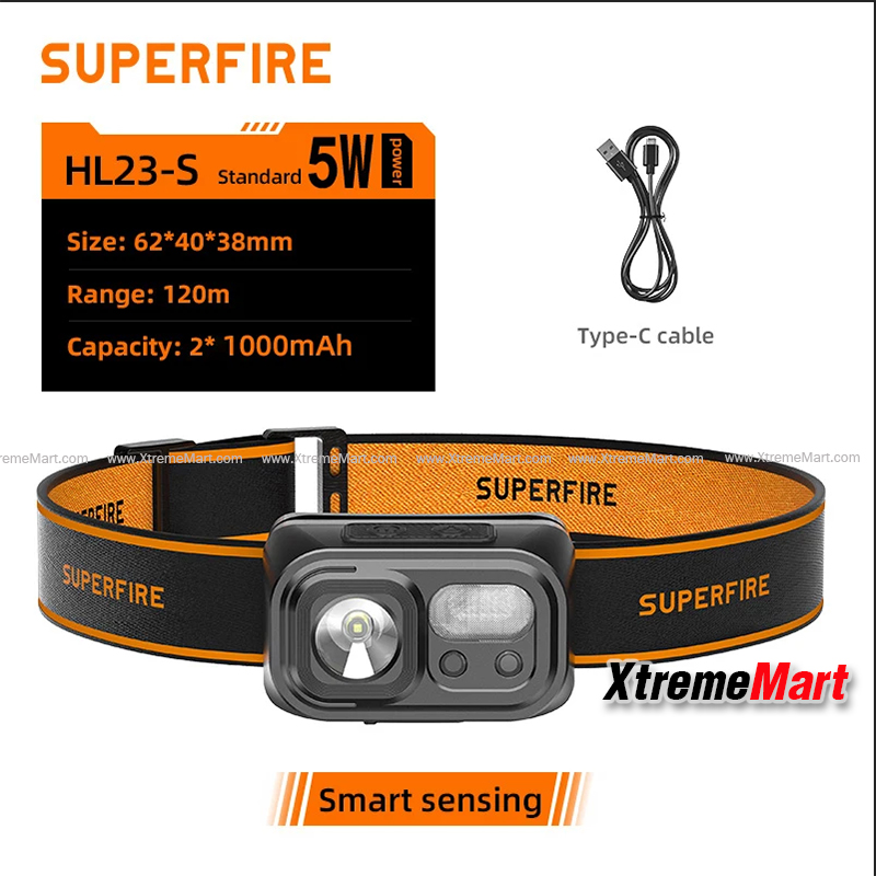 ไฟฉายคาดหัว Superfire HL23-S LED 350Lumen แสงขาว + ไฟข้างสีแดง พร้อมระบบ Sensor มือโบกเปิด-ปิด (ชุดละ)