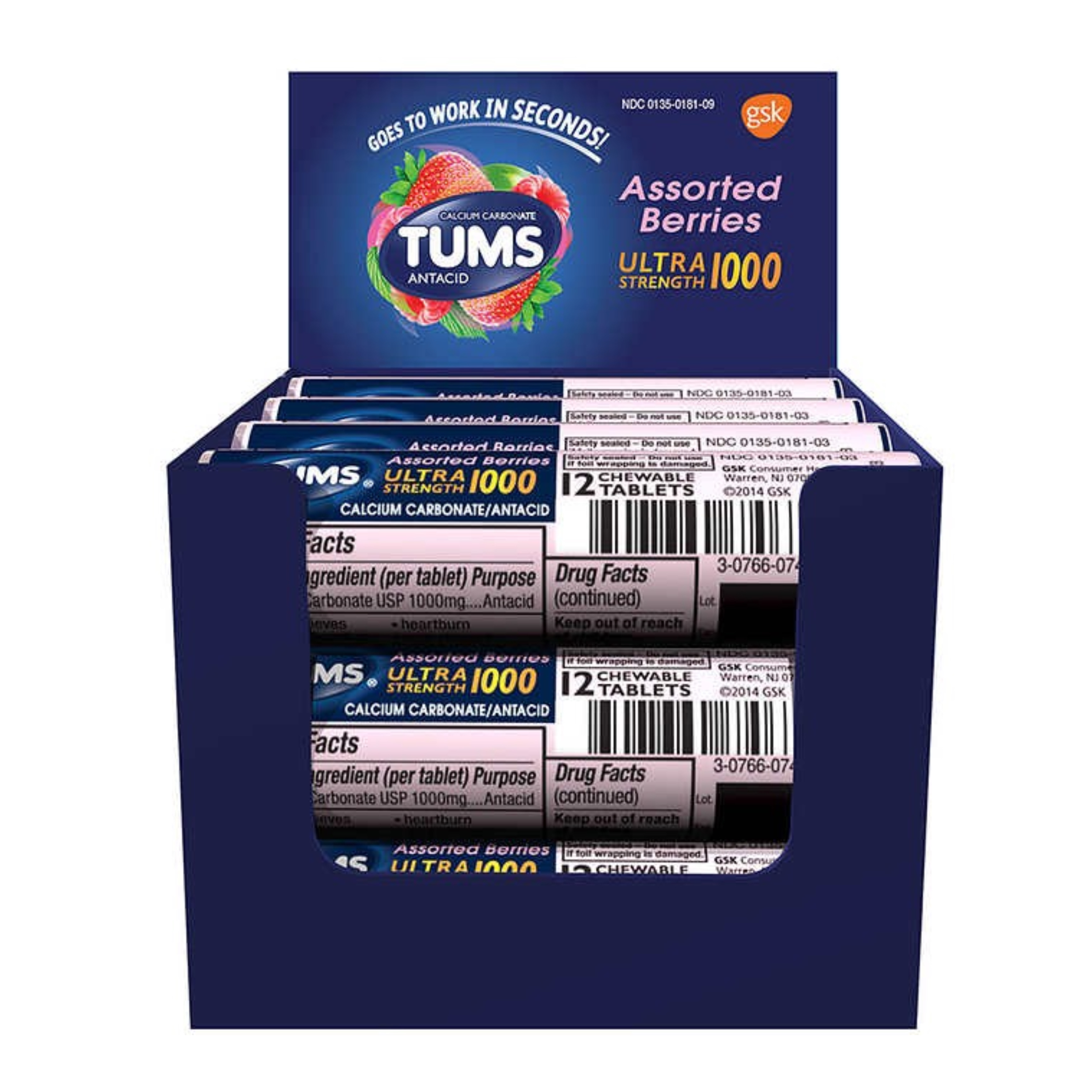 เม็ดเคี้ยวบรรเทาอาการกรดไหลย้อน TUMS Antacid Ultra Strength 1000 - Assorted Berries (12 Chewable Tablets)