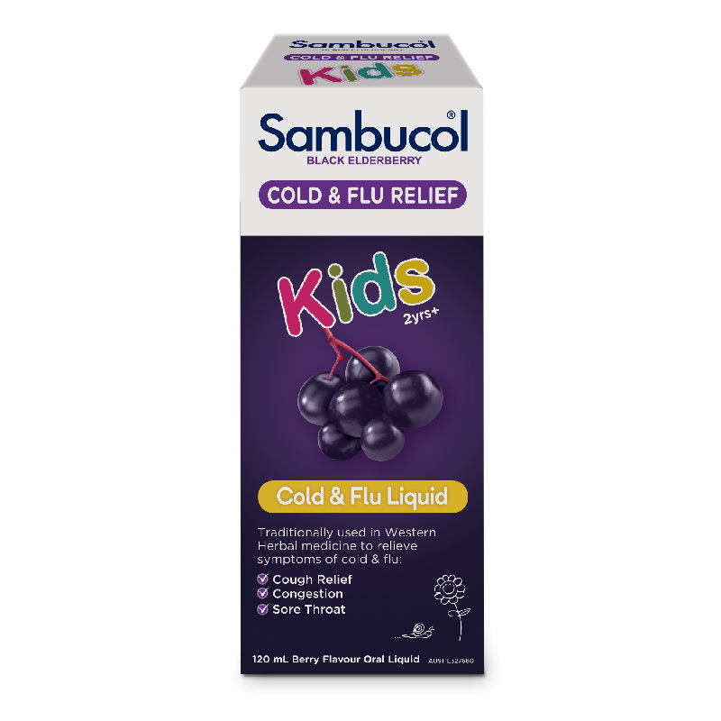 วิตามินเสริมภูมิคุ้มกันสำหรับเด็ก Sambucol Black Elderberry Cold & Flu Relief Kids Liquid