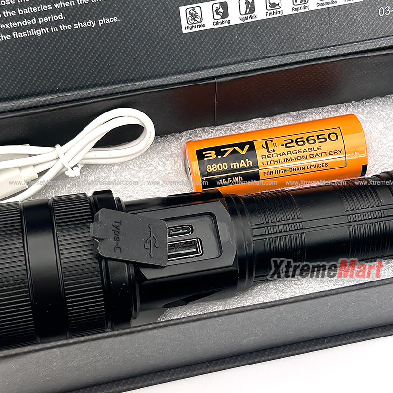 ชุดเซตไฟฉายซูม Ultrafire FA-P208 หลอด LED 2000lumen 5-Mode มีจอแสดงระดับแบตเตอรี่พร้อมแบตเตอรี่ 26650 และสายชาร์จ USB (ชุดละ)