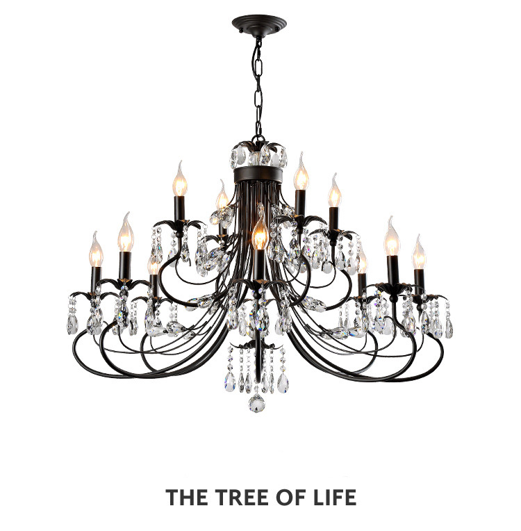 โคมไฟระย้าเหล็กดัดสีดำดวงไฟลายแท่งเทียนตกแต่งคริสตัลสไตล์อเมริกันโมเดิร์น [XD1176]