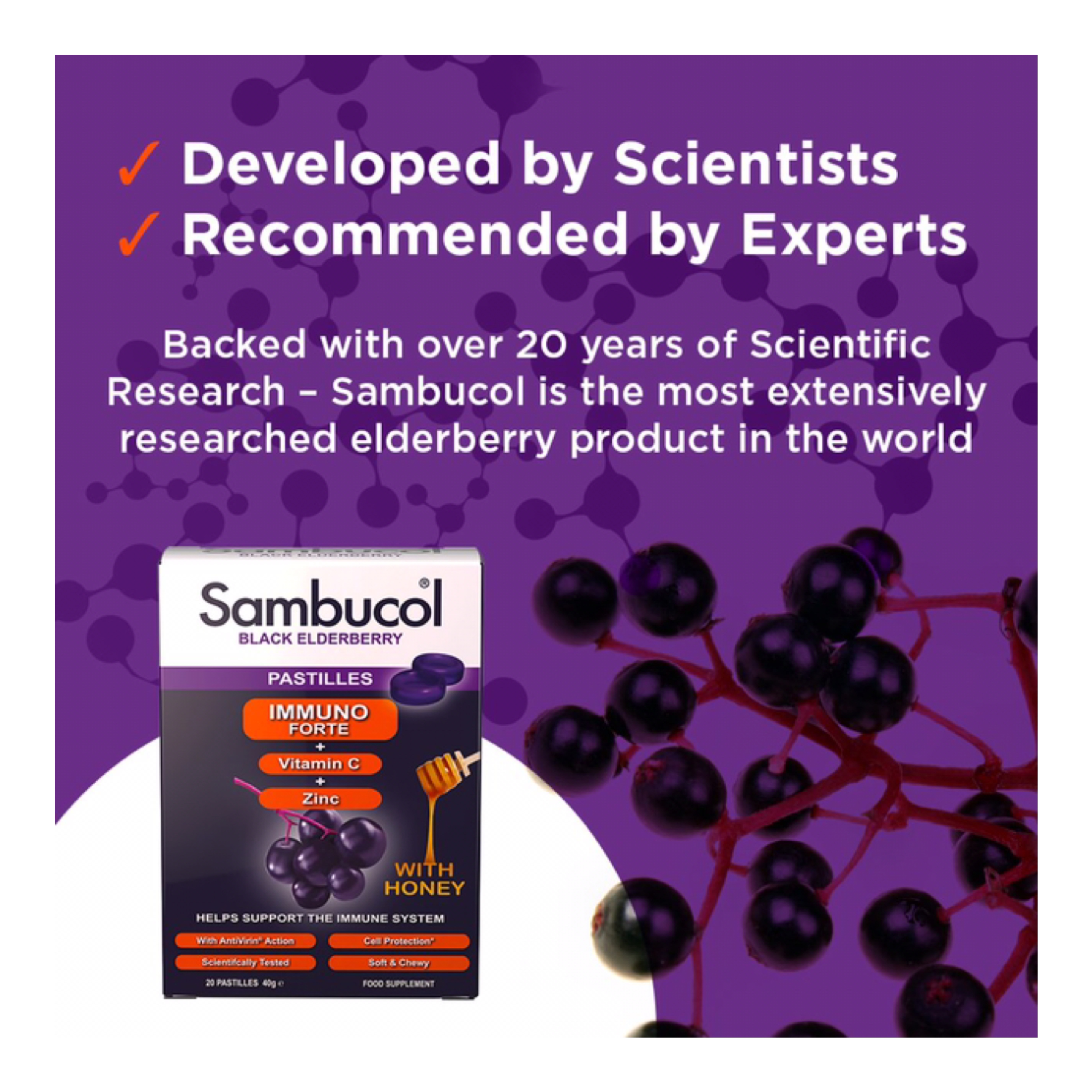 วิตามินเสริมภูมิคุ้มกันสำหรับเด็กโตและผู้ใหญ่ Sambucol Black Elderberry Pastilles IMMUNO FORTE + Vitamin C + Zinc