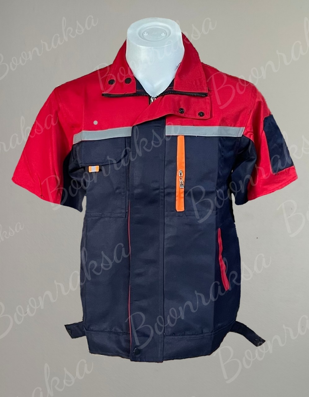 เสื้อช็อปแขนสั้นทูโทนกรมอกแดงสะท้อนแสง