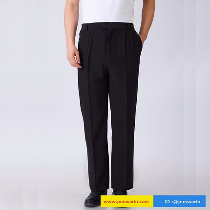 กางเกงพนักงานโรงแรม กางเกงเชฟ ชายและหญิง unisex ซิปหน้ากระดุมหน้า เอวมีสม็อกข้าง K6606009 ดำ 29-38