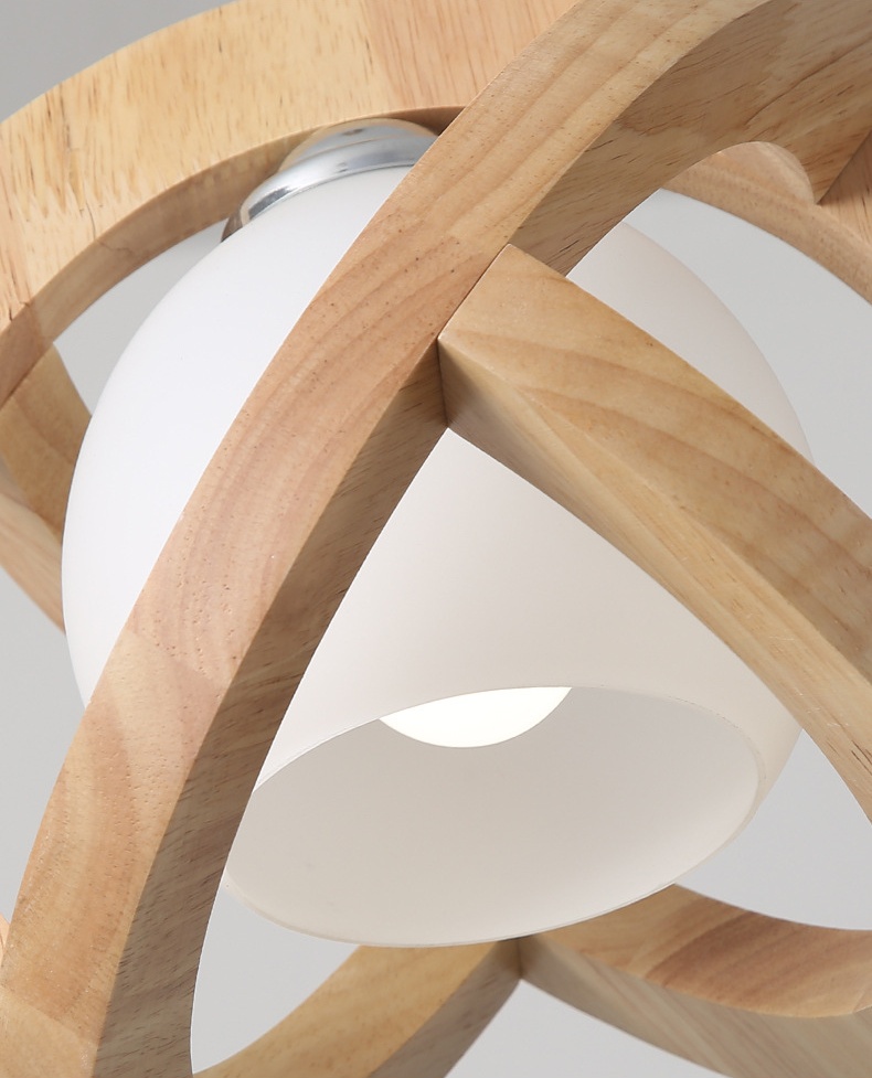 โคมไฟแขวนเพดานสไตล์ไม้ญี่ปุ่นลายเส้นทรงกลมมีแก้วสีขาวนมซ้อนด้านใน [M5601]