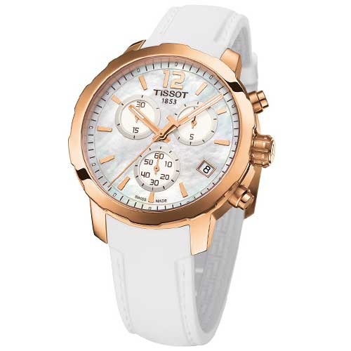 Tissot quickster Chronograph White Mother Of Pearl Dial White Leather Gold-tone Steel Case Men's Watch T095.417.36.117.00