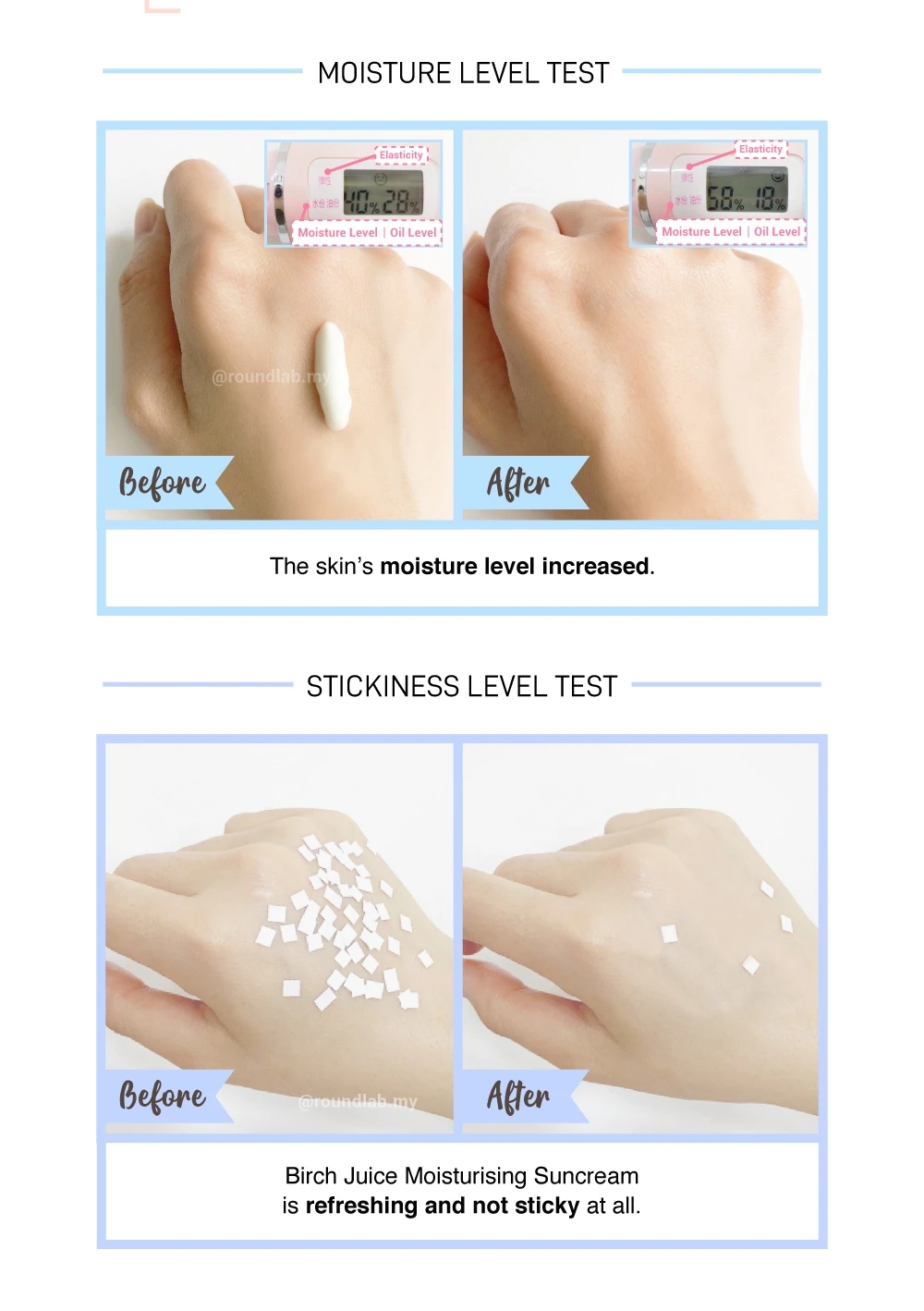 (ฉลากไทย รุ่น Original คาดฟ้า) Round Lab Birch Juice Moisturizing Sunscreen SPF50+ PA++++ 50mL ครีมกันแดดสูตรใหม่ พร้อมปกป้องแสงแดงสูงสุด 50 เท่า ให้ความชุ่มชื้นในตัว เนื้อบางเบาซึมไว ไม่เป็นคราบ ไม่ทำให้หน้ามัน ได้รับรางวัลที่เกาหลีหลายรางวัลเลยค่ะ