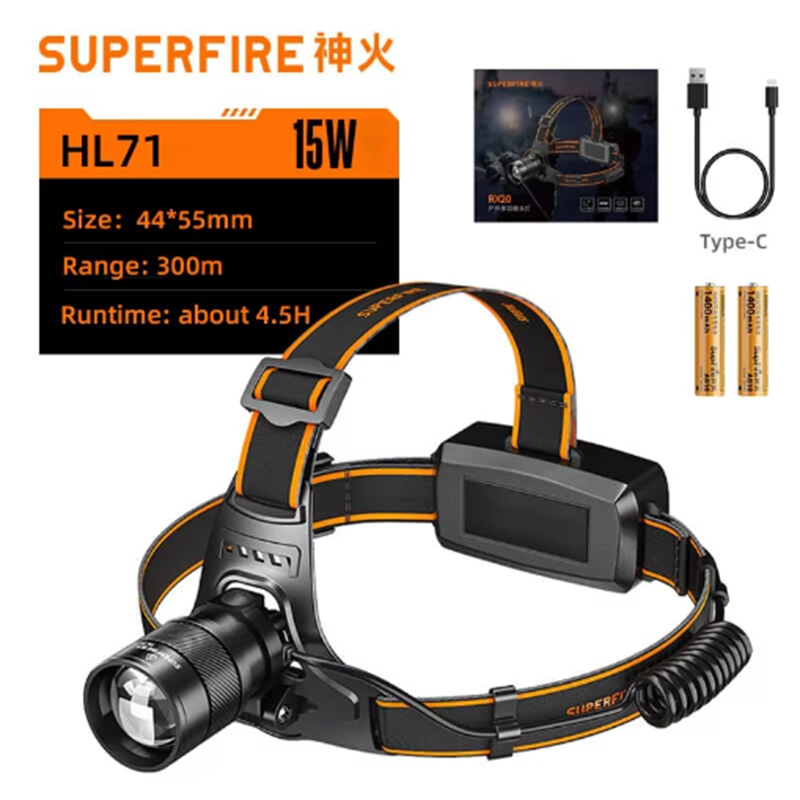ไฟฉายคาดหัว Superfire รุ่น HL71 แสงขาว 5โหมด มี sensor มือโบก เปิด-ปิด พร้อมสายชาร์จ USB Type-C และแบตเตอรี่ชาร์จ 2ก้อน (ชุดละ)