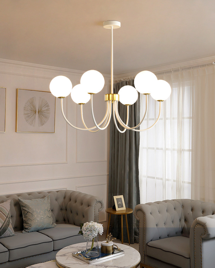 โคมไฟแขวนเพดานโครงเหล็กทรงโค้งสีขาวโป๊ะโคมแก้วทรงกลมสีขาวนม[WH6]