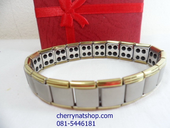 พร้อมส่งสร้อยข้อมือไทเทียม แร่Germanium80 เม็ดรุ่น B ขอบทอง