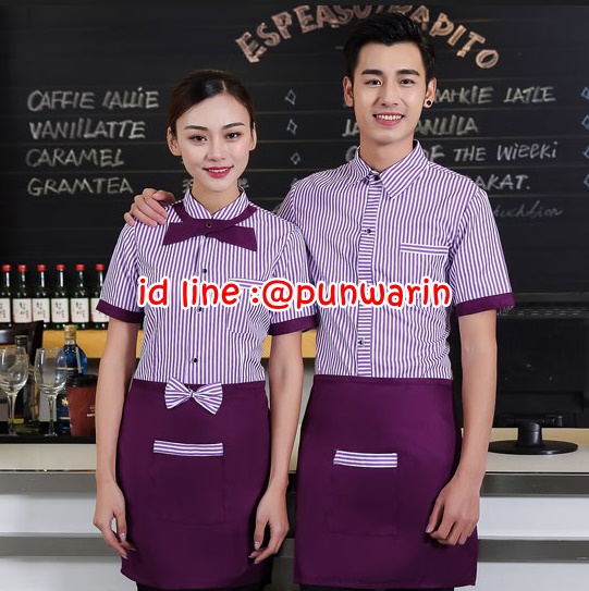 เสื้อฟอร์มพนักงานร้านอาหารกาแฟโรงแรม แขนสั้นผ้าฝ้าปกเชิ้ตลายทาง F6302004 ฟ้า ม่วง น้ำตาล ส้ม L-3XL