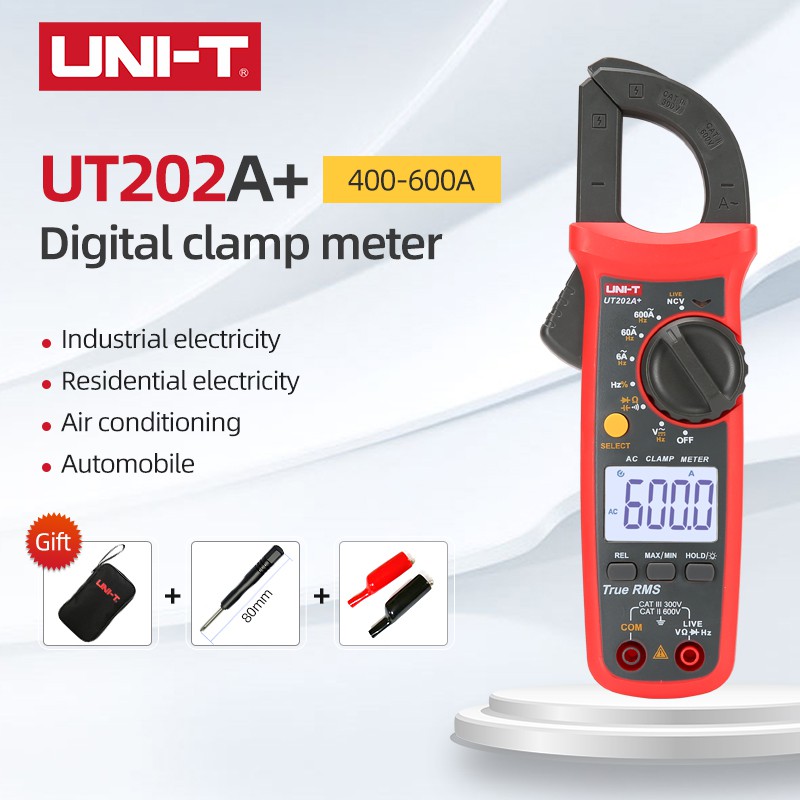 แคลมป์มิเตอร์ดิจิทัลUT202A + AC,แคลมป์มิเตอร์รุ่นUT202A/อัปเกรดแอมป์มิเตอร์ดิจิตอล400A-600Aการทดสอบความต้านทานไดโอดอุณหภูมิไฟหลังLCD