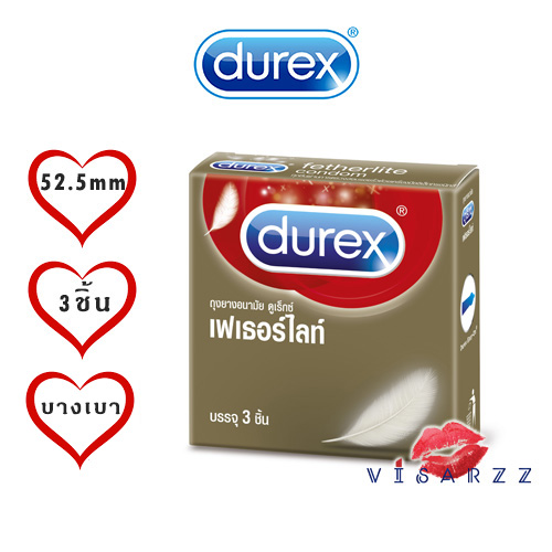 Durex Fetherlite 1 กล่อง 3 ชิ้น ขนาด 52.5 มม. ถุงยางอนามัย ดูเร็กซ์ เฟเธอร์ไลท์ ผิวเรียบ ผนังไม่ขนาน มีกระเปาะ ทุกชิ้นมีสารหล่อลื่น ถุงยางอนามัยโปร่งแสง ไม่เจือสี ผลิตจากน้ำยางธรรมชาติ