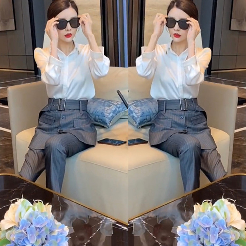 ชุดสูทceoไตล์ตะวันตก เสื้อเชิ้ตดำและขาว+กางเกง มีสไตล์ไม่ซ้ำใคร W6506007 ดำ ขาว L,XL ,XXL ,3XL