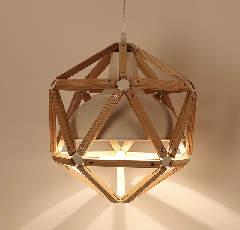 โคมไฟแขวนเพดานไม้ทรง 6 เหลี่ยม ซ้อนโป๊ะโคมสีขาวสไตล์มินิมอล [JY-065]