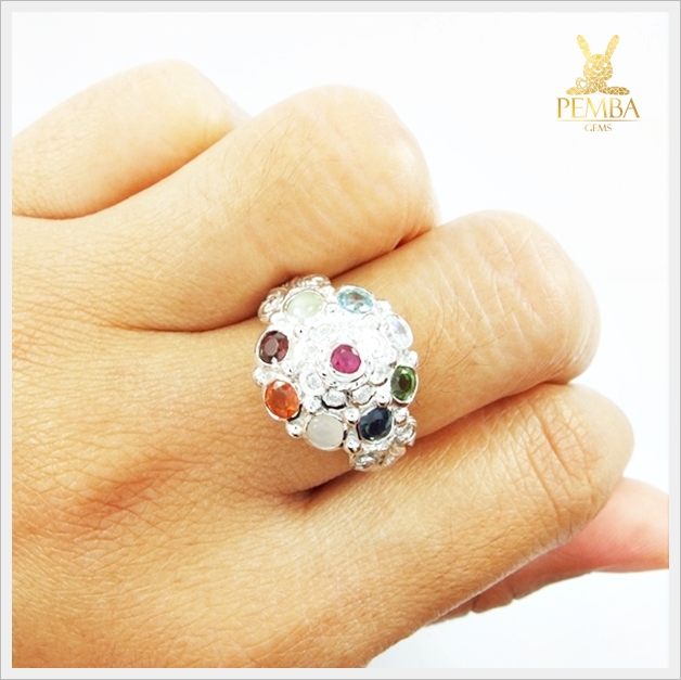 แหวนนพเก้า ตามตำราโบราณ เงินแท้925 ชุบทองคำขาว แหวนพลอยแท้