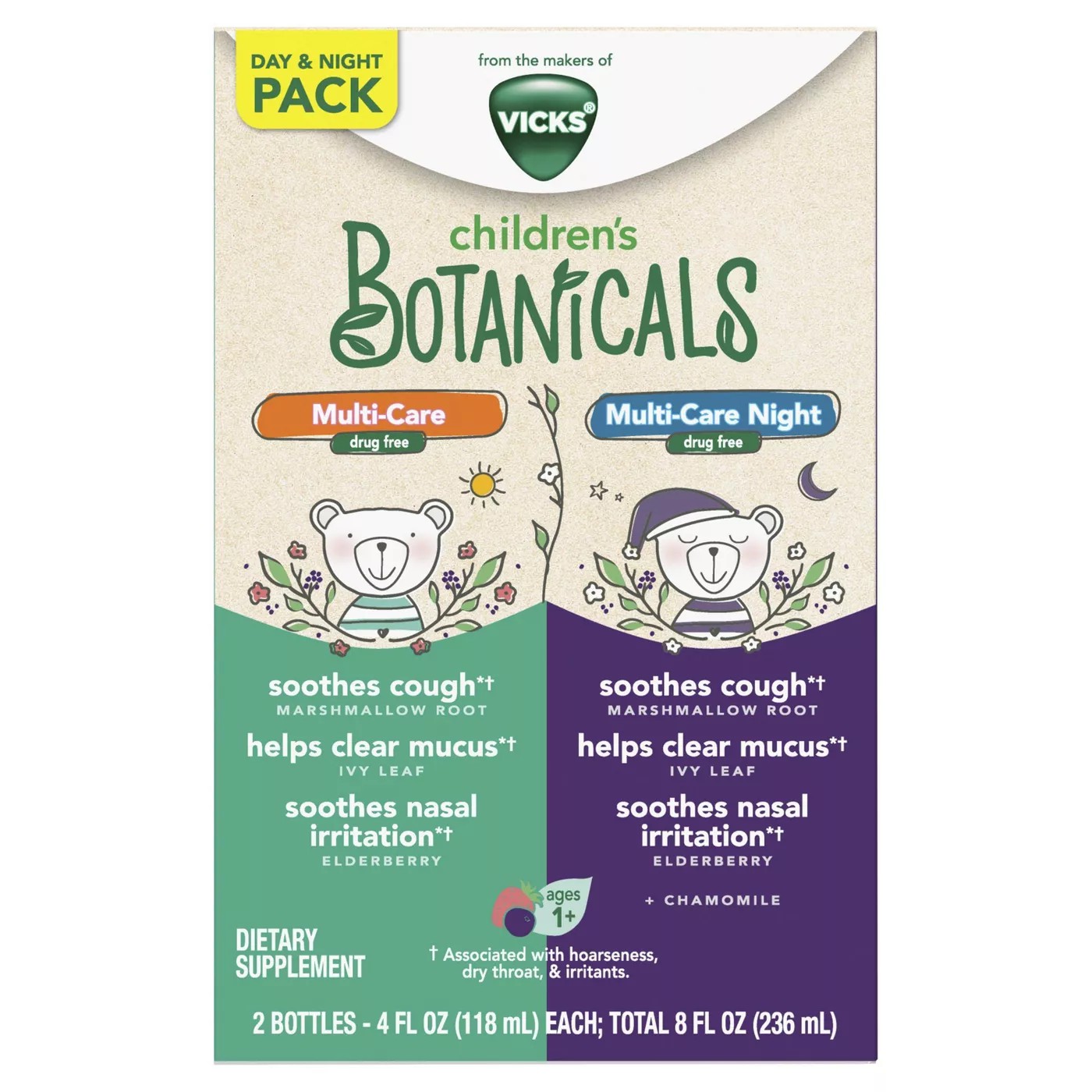 วิตามินบรรเทาอาการไอและน้ำมูกไหลสำหรับเด็ก Vicks Children's Botanicals Multi-Care & Multi-Care Night Combo