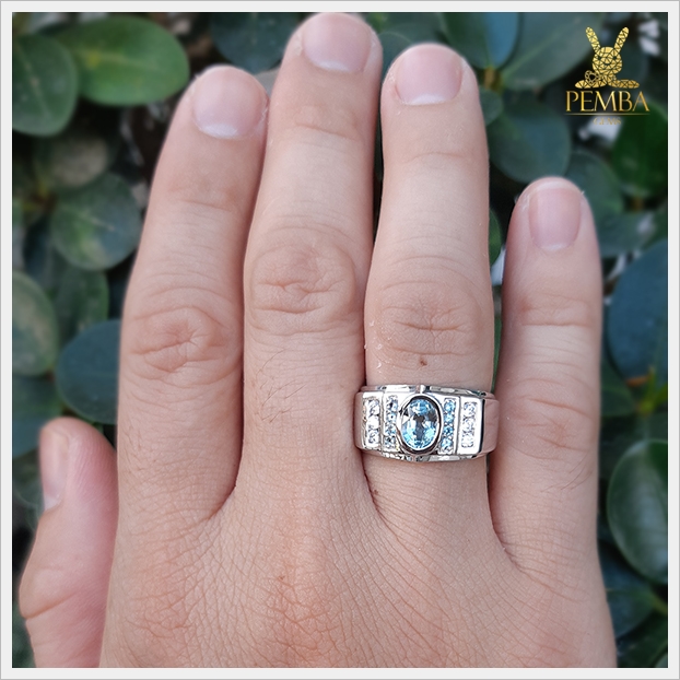 แหวนอะความารีนแท้ เงินแท้925 ชุบทองคำขาว แหวนพลอยแท้