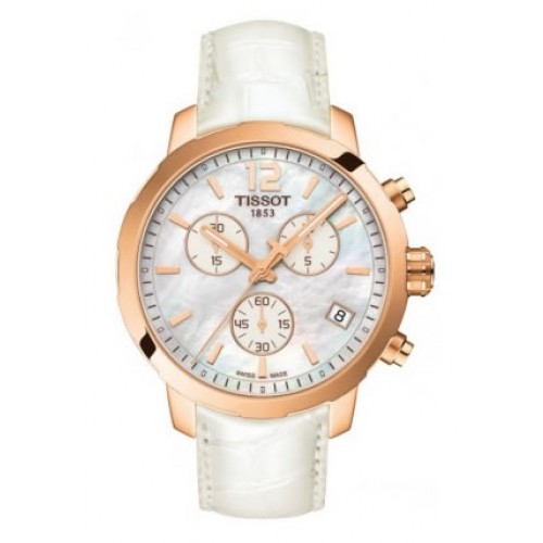 Tissot quickster Chronograph White Mother Of Pearl Dial White Leather Gold-tone Steel Case Men's Watch T095.417.36.117.00