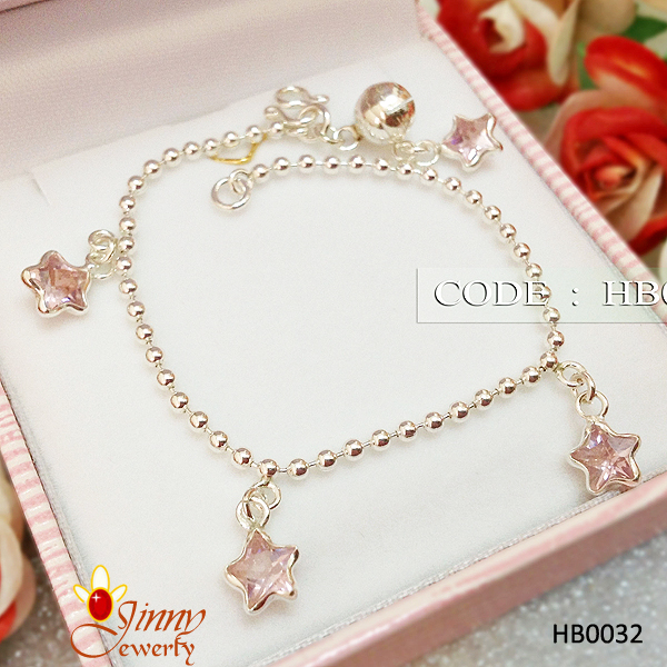 สร้อยข้อมือเงินแท้ สำหรับเด็ก ห้อยดาวสีชมพูอ่อน หนา 1.2 มิล