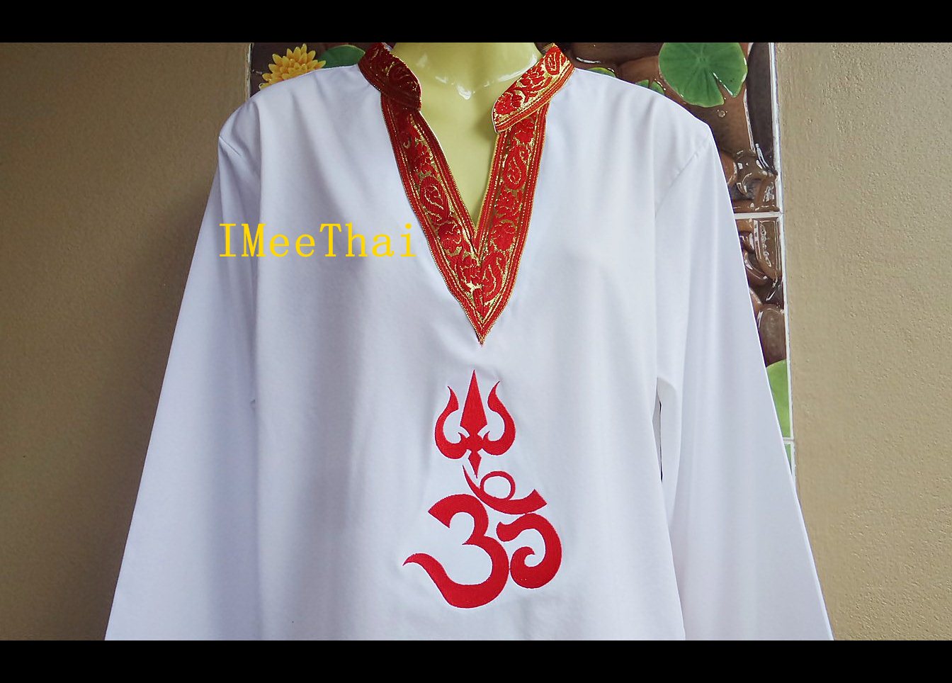 เสื้อขาว โอม พระพิฆเนศ ตรีศูล ขลิบแทบแดง