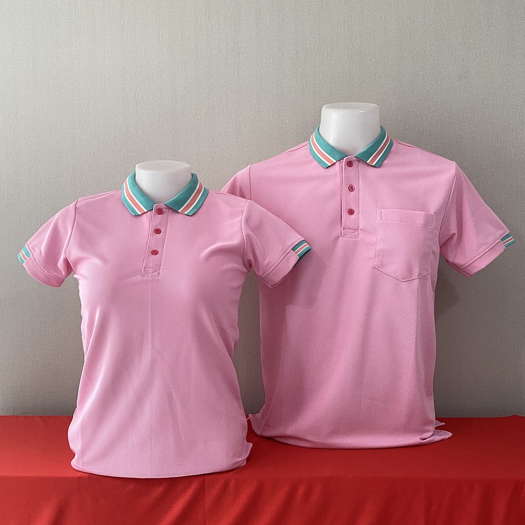 เสื้อฟอร์มพนักงาน เสื้อยืดปกโปโล เสื้อโปโลแขนสั้น สีชมพูปกเขียวขาวพร้อมส่ง SKU-03003 สีภาพ S-2XL