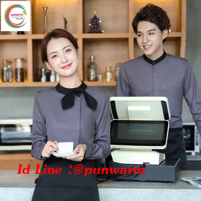 เสื้อพนักงานเสริฟเสื้อพนักงานโรงแรม เสื้อพนักงานร้านอาหาร เสื้อพนักงานร้านกาแฟ F6310006 เทา ดำ S-4XL