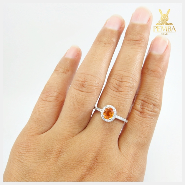 แหวนบุษราคัมแท้ สีเหลืองส้มสวยงาม เงินแท้ ชุบทองคำขาว แหวนพลอยแท้