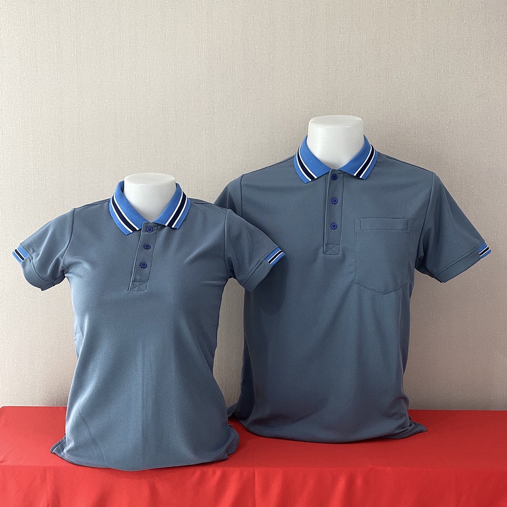 เสื้อฟอร์มพนักงาน เสื้อยืดปกโปโล เสื้อโปโลแขนสั้น สีเทาปกฟ้าขาว พร้อมส่ง SKU-03014 สีภาพ S-2XL