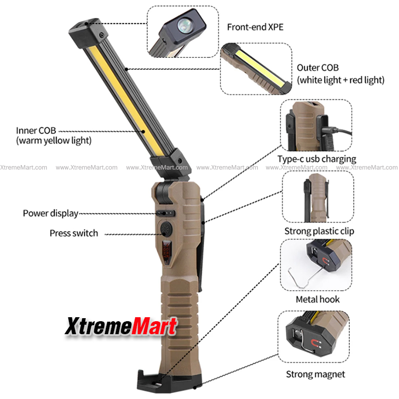 ไฟฉายโคมพับได้ COB Work Lights แสงขาว + แสงเหลือง + แสงแดง หมุนได้ 180องศา พร้อมแม่เหล็กและที่แขวน สำหรับซ่อมรถ ตั้งแคมป์