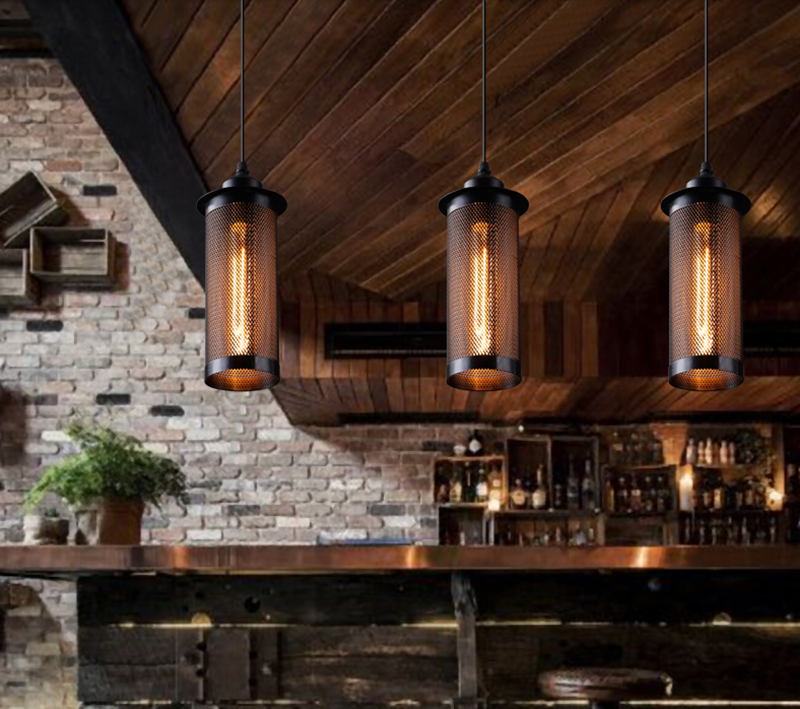 โคมไฟแขวนเพดานทรงกระบอกตาข่ายเหล็กสีดำสไตล์ลอฟท์ [RI-10]