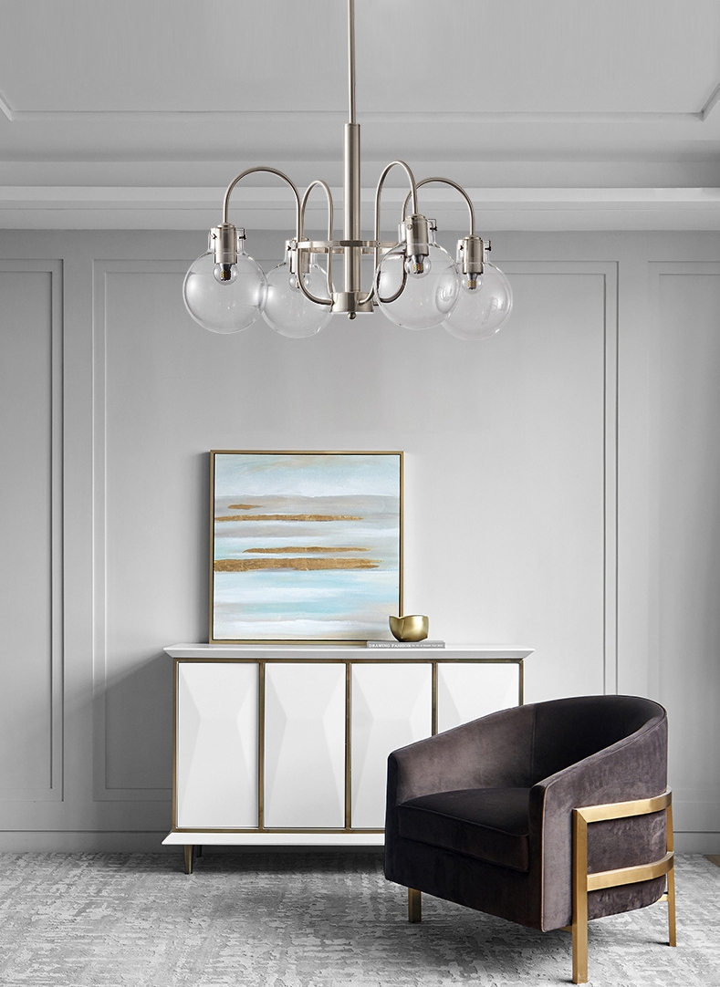 โคมไฟระย้าโทนสีเงินด้านปั่นเงาโป๊ะโคมแก้วกลมใส [DSJ332]