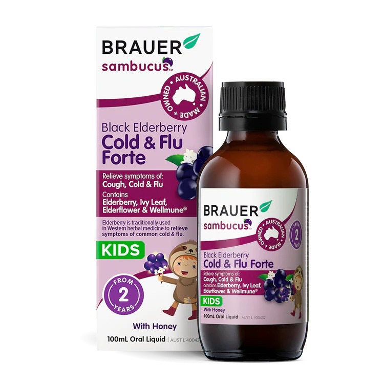 วิตามินเสริมภูมิคุ้มกันพร้อมบรรเทาอาการหวัดสำหรับเด็ก BRAUER Kids Sambucus Black Elderberry Cold & Flu Forte