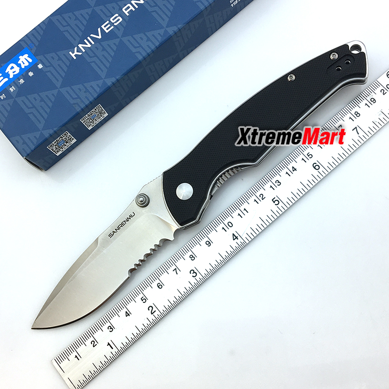 มีดพับ SANRENMU 9012 SRM-9012 ใบมีดสแตนเลส 12c27 ใบเงิน กึ่งหยัก ด้าม G10 สีดำ
