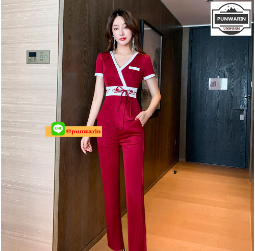 ชุดพนักงานเฮลท์คลับ ช่างเสริมสวย สปา สลิมมิ่ง แช่เท้า ซาวน่า ช่างเทคนิค เสื้อผ้าทำงาน S6609007 กรมท่า แดง S-3XL