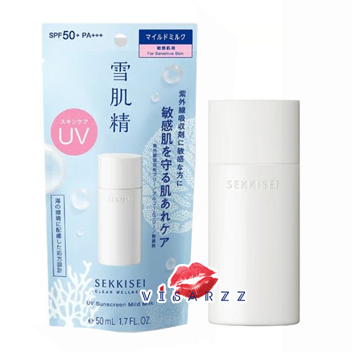 (ซองฟ้าขวดขาว) Kose Sekkisei Clear Wellness UV Sunscreen Mild Milk SPF50+ PA+++ กันแดดโคเซ่เนื้อน้ำนมสูตรอ่อนโยนเหมาะกับผิวแพ้ง่าย มอบสัมผัสเรียบเนียน สบายผิว สามารถใช้เป็นเมคอัพเบสได้ นอกจากกันแดดแล้ว ยังช่วยบำรุงผิวแข็งแรงดูชุ่มชื้น ปกป้องผิวจาก PM2.5