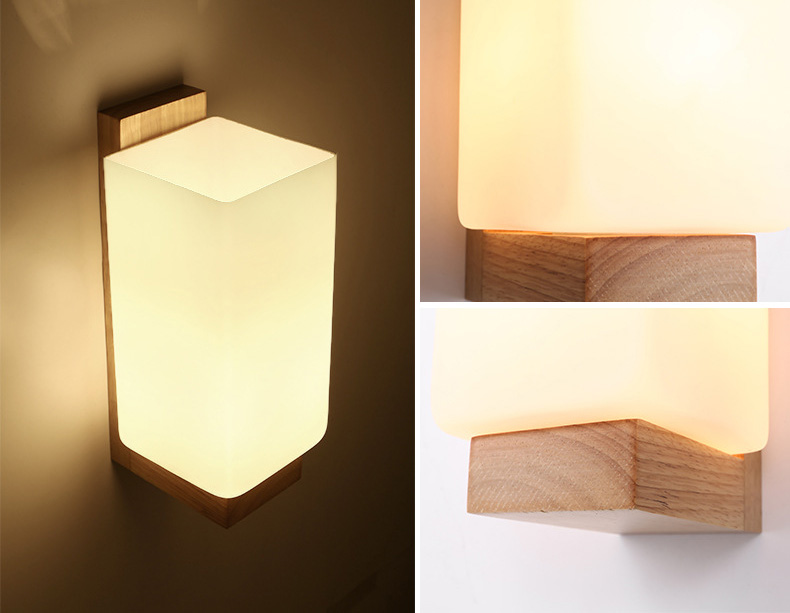 โคมไฟติดผนังฐานไม้ โป๊ะโคมแก้วสีขาวนวลสี่เหลี่ยมทรงยาวแนวตั้ง [W6017-Long]