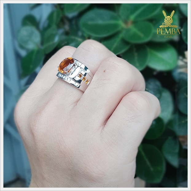 แหวนซิทรินแท้ เงินแท้925 ชุบทองคำขาว โดดเด่นเต็มๆ นิ้ว