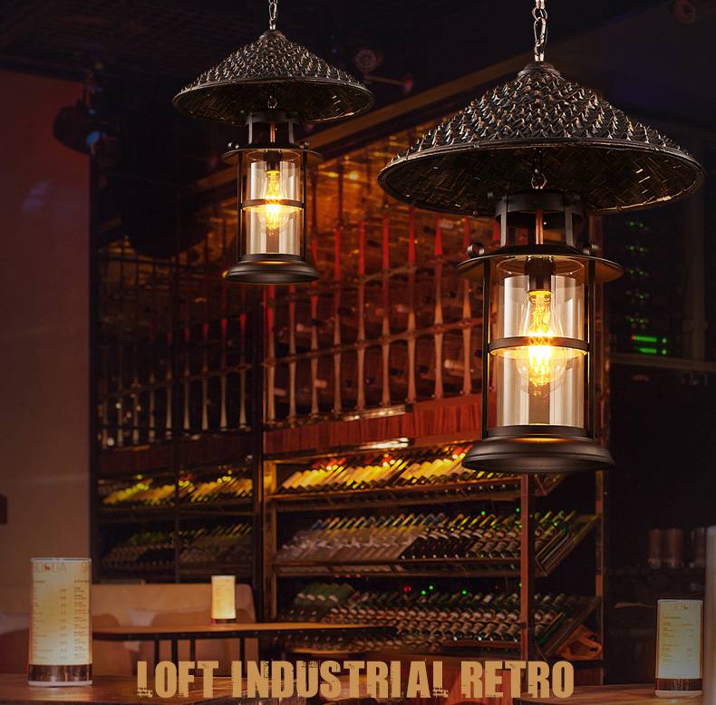 โคมไฟแขวนเพดานเหล็กสไตล์ย้อนยุคทรงหมวกฟางมีครอบแก้ว [LF-8710]