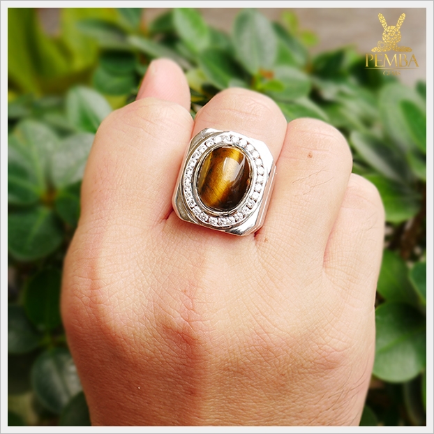 แหวนตาเสือ เงินแท้925 ชุบทองคำขาว สวมใส่โดดเด่นเต็มๆ นิ้ว