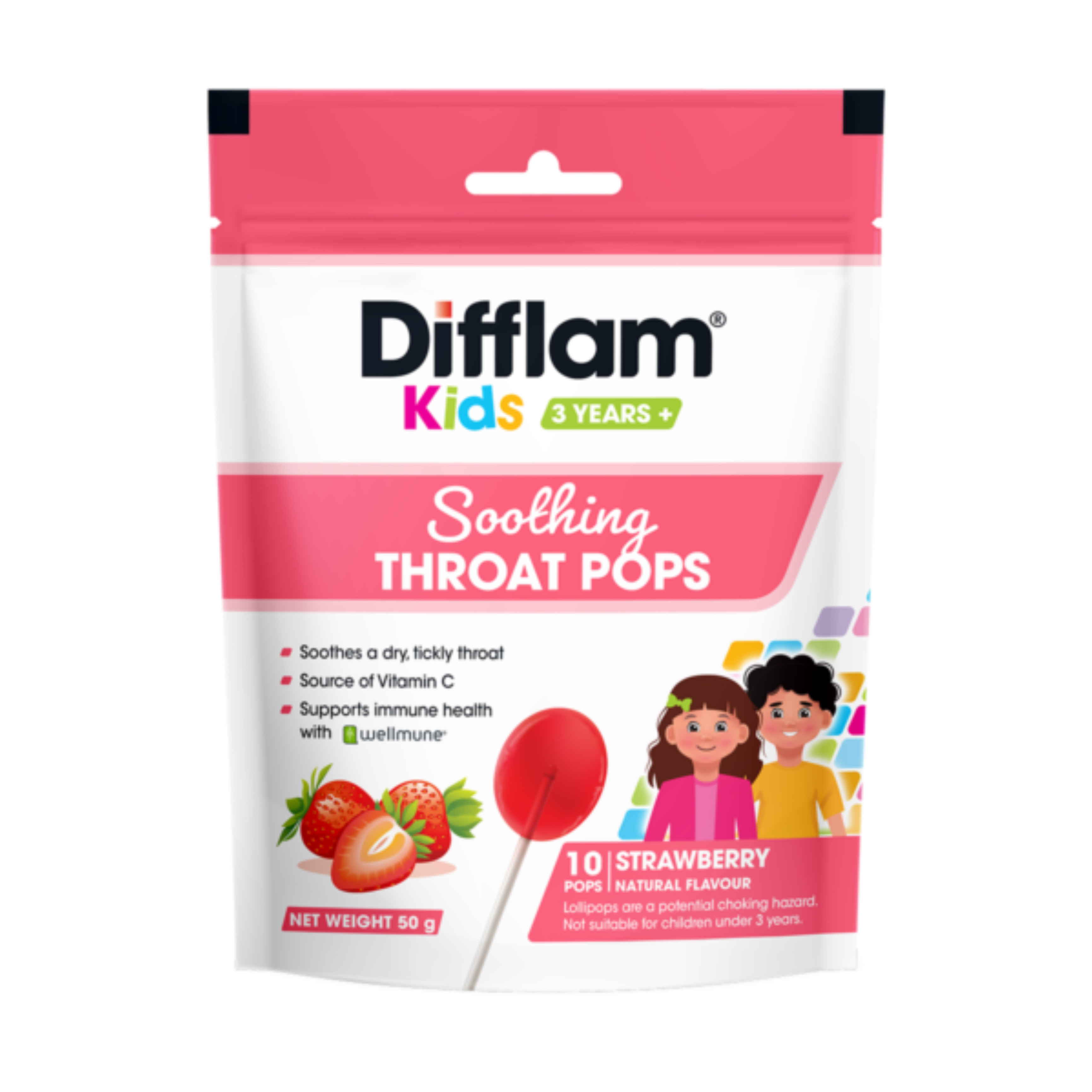 อมยิ้มเสริมภูมิคุ้มกันพร้อมบรรเทาอาการไอสำหรับเด็ก Difflam Kids Soothing Throat Pops