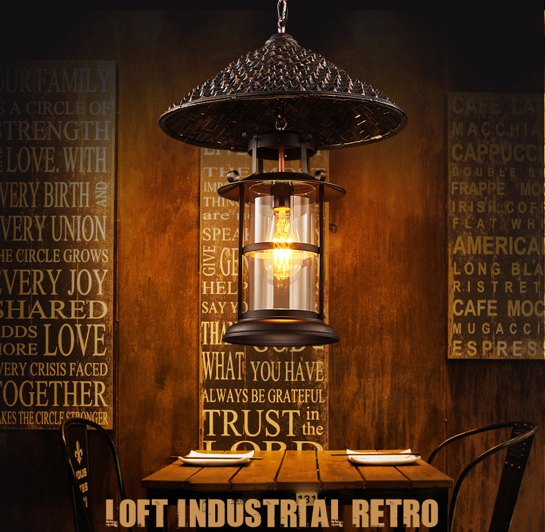 โคมไฟแขวนเพดานเหล็กสไตล์ย้อนยุคทรงหมวกฟางมีครอบแก้ว [LF-8710]