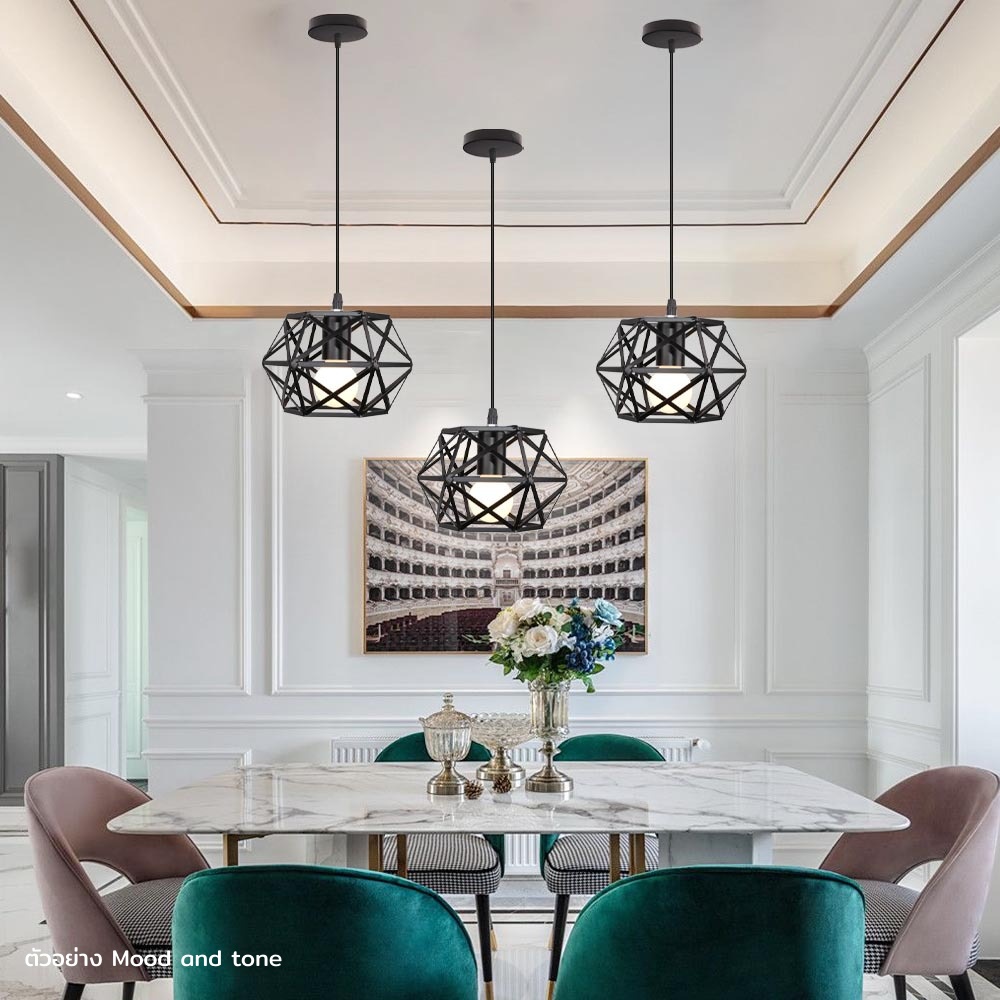 โคมไฟแขวนเพดานเหล็กดัดลายเส้นไขว้สีดำทรงหกเหลี่ยมสไตล์นอร์ดิก [ST-3705]